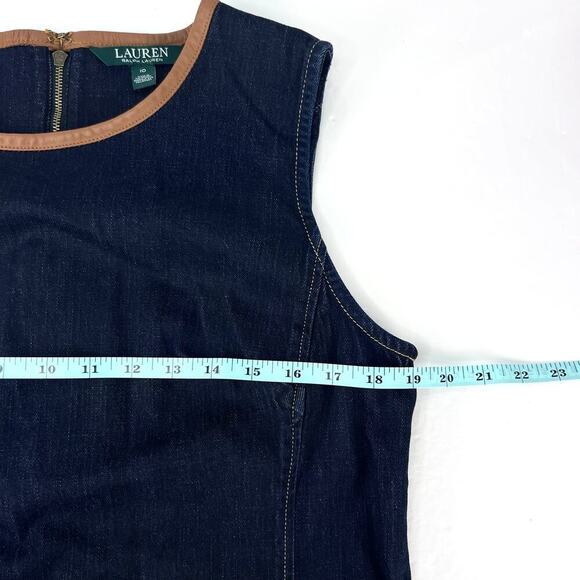 Ralph Lauren Dianva Women's Dark Wash Denim Shift Sheep Leather Trim Dress 10 - Picture 10 of 11